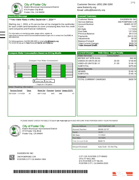 USA CITY OF FOSTER CITY business utility bill Word and PDF template PSD template